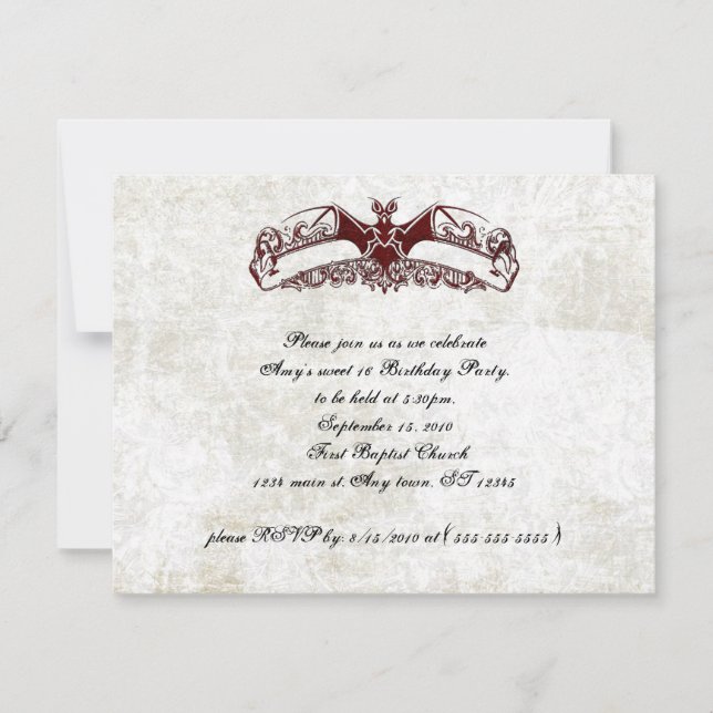 Vampire Bat Sweet 16 Anniversaire Goth Invitations (Devant)