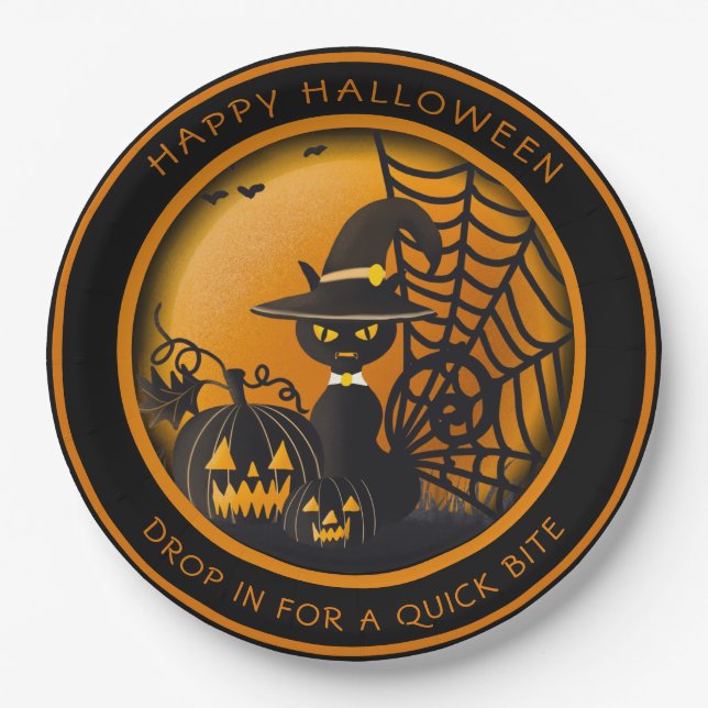 Vampire Black Cat Halloween Pumpkins Spiderweb Paper Plate (Front)