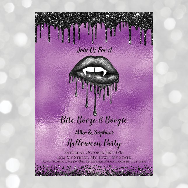 Vampire Black Glitter Lips Adult Halloween Purple  Invitation (Creator Uploaded)