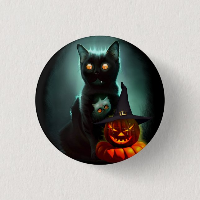 Vampire Cat and Wizard Pumpkin Halloween Surreal  1 Inch Round Button (Front)