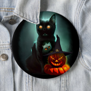 Vampire Cat and Wizard Pumpkin Halloween Surreal  6 Inch Round Button