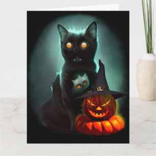 Vampire Cat and Wizard Pumpkin Halloween Surreal   Card