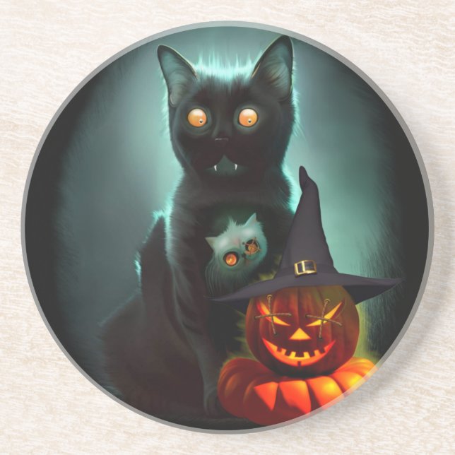 Vampire Cat and Wizard Pumpkin Halloween Surreal   Coaster (Front)