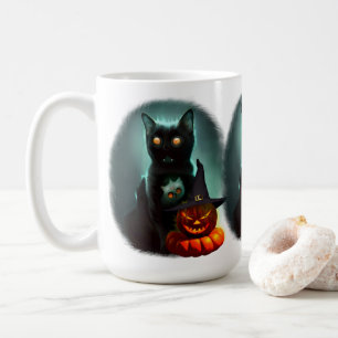 Vampire Cat and Wizard Pumpkin Halloween Surreal  Coffee Mug