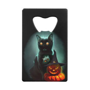 Vampire Cat and Wizard Pumpkin Halloween Surreal  Credit Card Bottle Opener