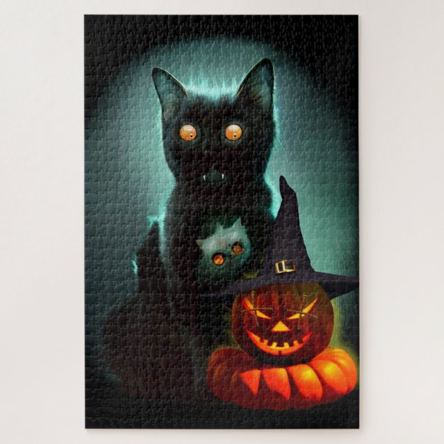 Vampire Cat and Wizard Pumpkin Halloween Surreal   Jigsaw Puzzle (Vertical)