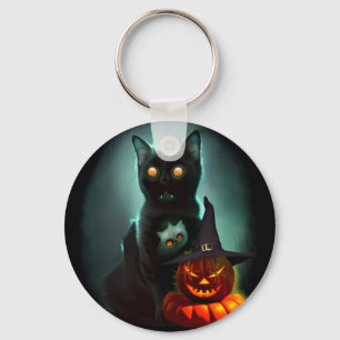 Vampire Cat and Wizard Pumpkin Halloween Surreal  Keychain