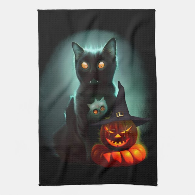 Vampire Cat and Wizard Pumpkin Halloween Surreal  Kitchen Towel (Vertical)