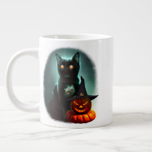 Vampire Cat and Wizard Pumpkin Halloween Surreal  Large Coffee Mug