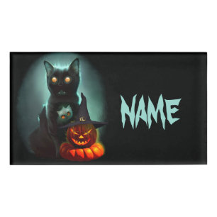 Vampire Cat and Wizard Pumpkin Halloween Surreal   Name Tag