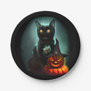 Vampire Cat and Wizard Pumpkin Halloween Surreal  Paper Plate