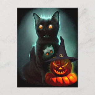 Vampire Cat and Wizard Pumpkin Halloween Surreal  Postcard