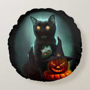 Vampire Cat and Wizard Pumpkin Halloween Surreal   Round Pillow