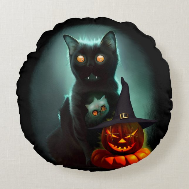 Vampire Cat and Wizard Pumpkin Halloween Surreal   Round Pillow (Front)