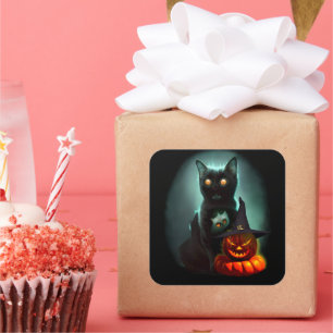 Vampire Cat and Wizard Pumpkin Halloween Surreal  Square Sticker