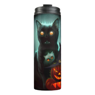 Vampire Cat and Wizard Pumpkin Halloween Surreal   Thermal Tumbler