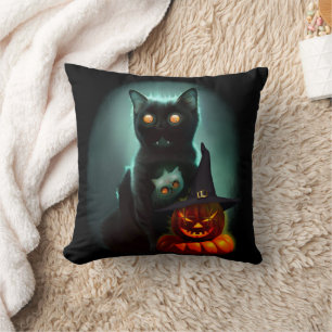 Vampire Cat and Wizard Pumpkin Halloween Surreal   Throw Pillow