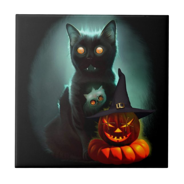 Vampire Cat and Wizard Pumpkin Halloween Surreal   Tile (Front)