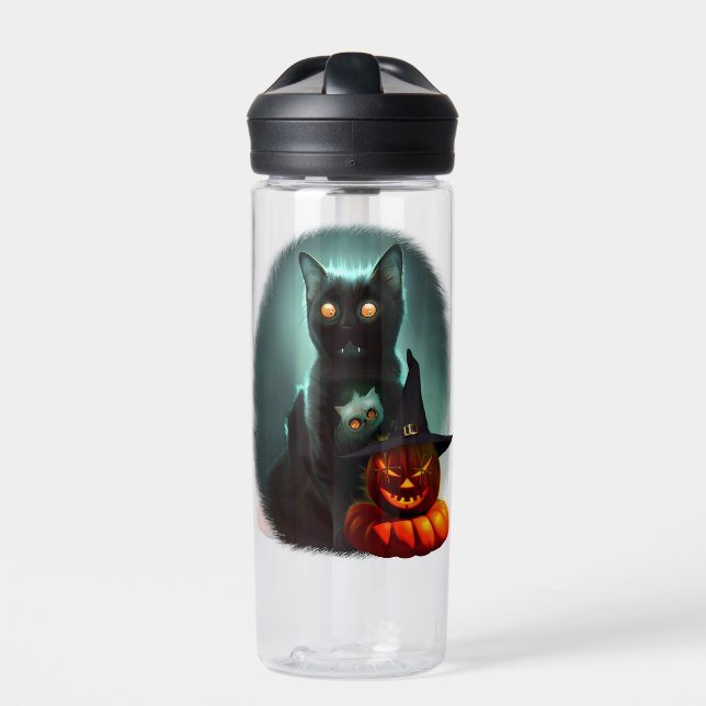 Vampire Cat and Wizard Pumpkin Halloween Surreal  Water Bottle (Front)