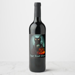 Vampire Cat and Wizard Pumpkin Halloween Surreal   Wine Label