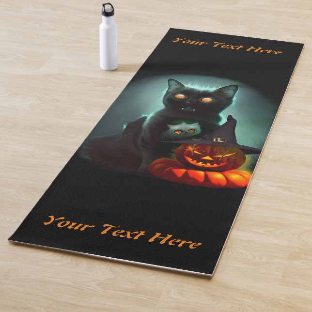 Vampire Cat and Wizard Pumpkin Halloween Surreal  Yoga Mat (In Situ)