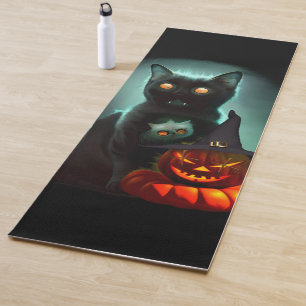 Vampire Cat and Wizard Pumpkin Halloween Surreal Yoga Mat
