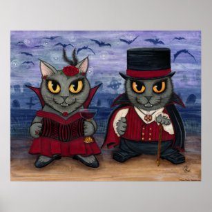 Vampire Cat Couple Gothic Cemetery Fantasy Art Pri Poster