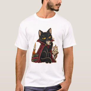 Vampire Cat Drinking Tea Dark Academia Black Cat T-Shirt