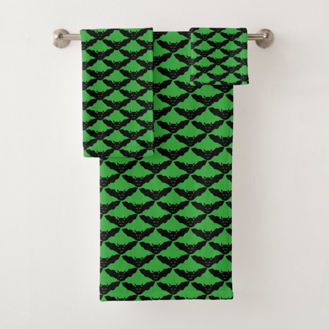 Vampire Cat Faced Bat Halloween Patterned Towels (Insitu)