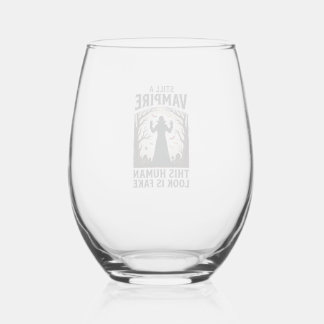 Vampire Costume Shirt Funny Halloween Human Disgui Stemless Wine Glass