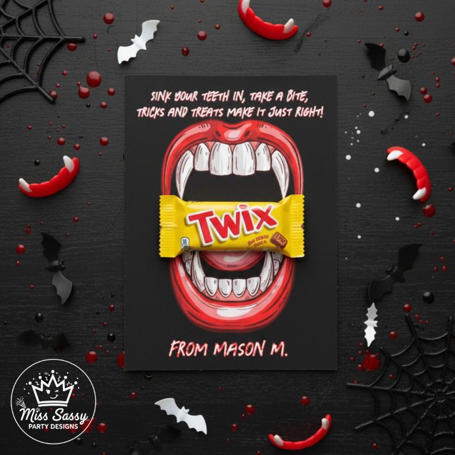 Vampire Fang Bite Halloween Funny Candy Gram Card (Vampire Halloween card with vampire mouth holding a Twix bar, surrounded by spooky decorations.)