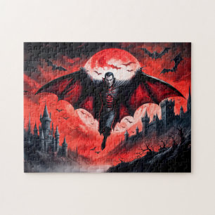 Vampire Flying Over Haunted Castle Jigsaw Puzzle