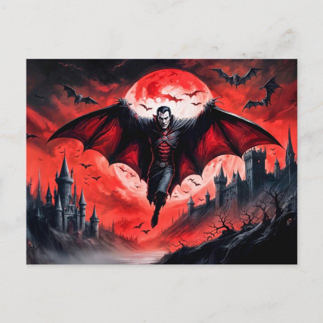 Vampire Flying Over Haunted Castle Postcard (Front)