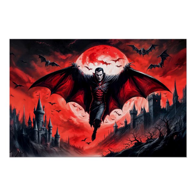 Vampire Flying Over Haunted Castle Poster (Front)