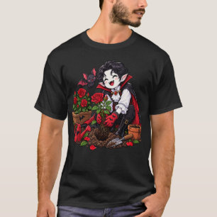 Vampire Gardening Roses with Bat-Gothic Halloween T-Shirt