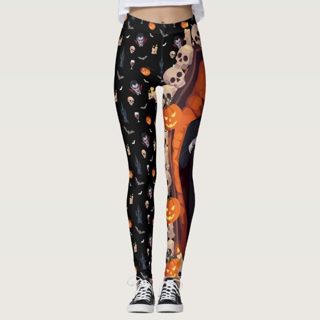 🦇 Vampire Gothic Halloween Leggings 🎃 Black  🖤 (Front)
