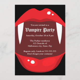 Vampire party invitation with fangs and red lips
