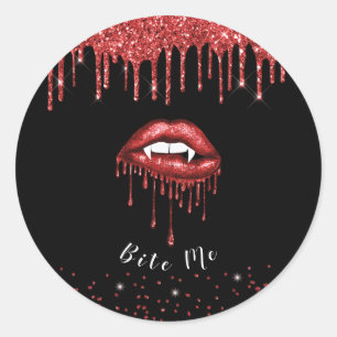 Vampire Red Glitter Drip Lips Halloween Black  Classic Round Sticker
