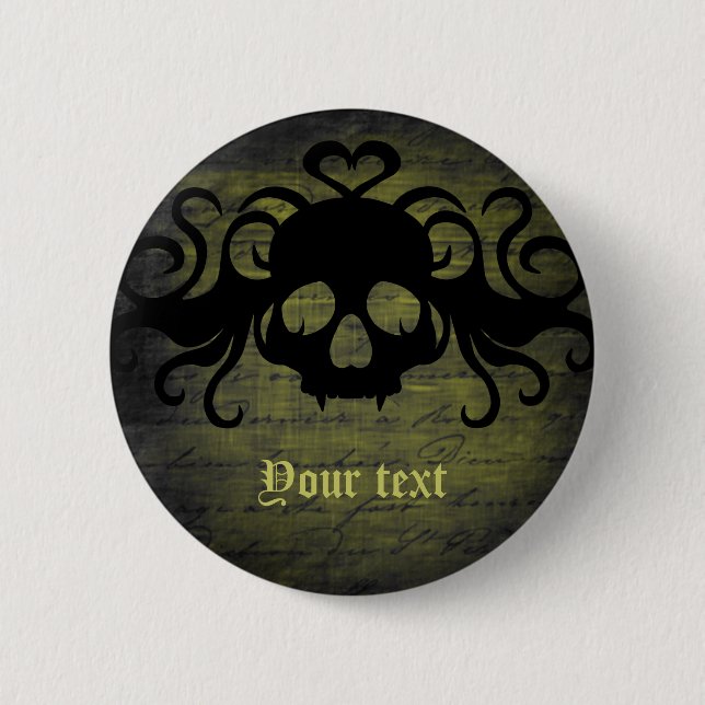 Vampire skull olive green 2 inch round button (Front)