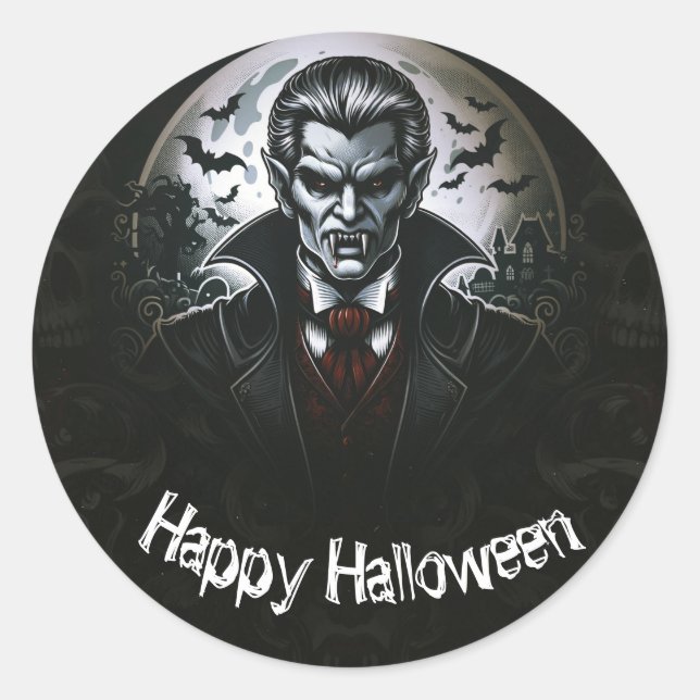 Vampire & Skulls Halloween Party Classic Round Sticker (Front)