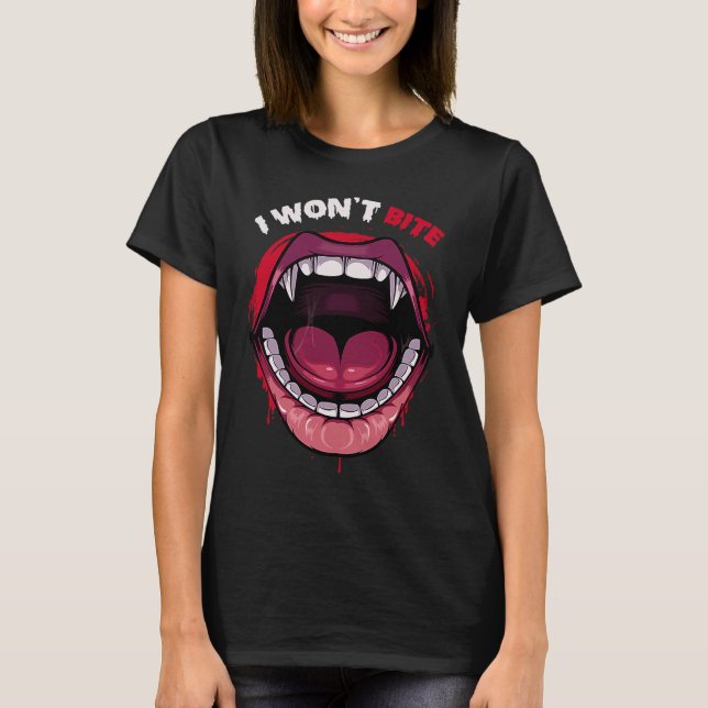 Vampire Teeth Red Lips Bite Halloween Carnival Fan T-Shirt (Front)