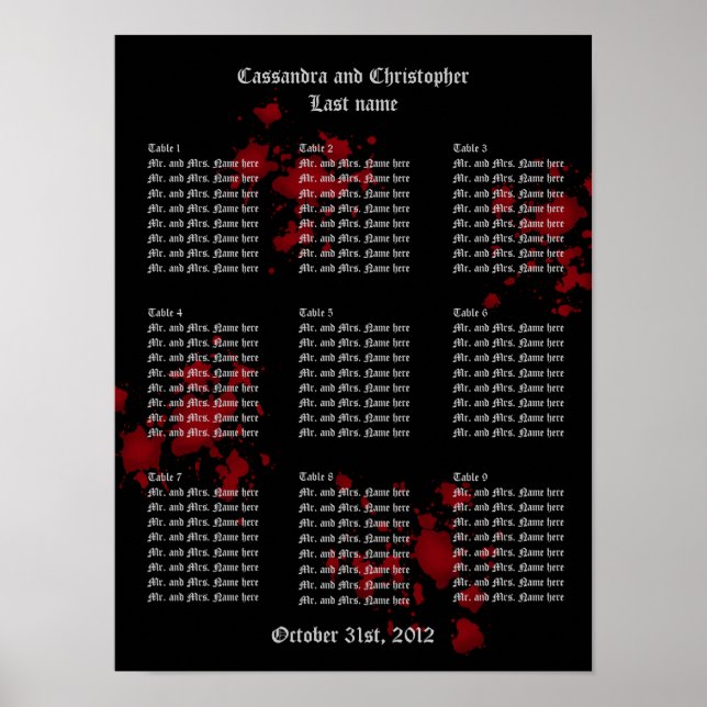 Vampire theme wedding guest table seating chart (Front)