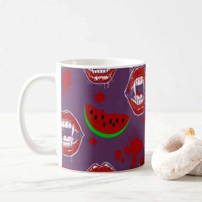 Vampire & Watermelon Spooky Summerween Purple Coffee Mug (With Donut)