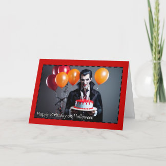Vampire with Birthday Cake - Halloween Birthday Holiday Card