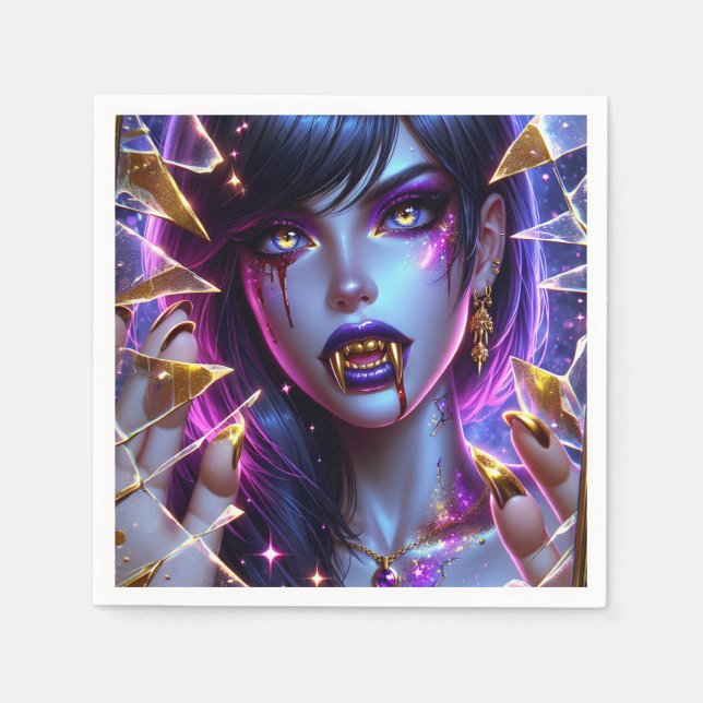 Vampire with Gold Eyes and Teeth Halloween Napkin (Front)