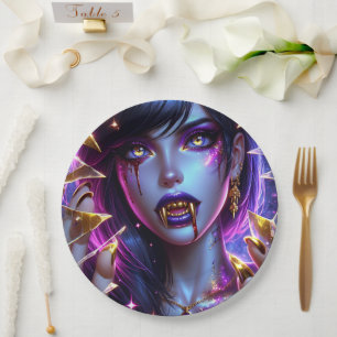 Vampire with Gold Eyes and Teeth Halloween Paper Plate