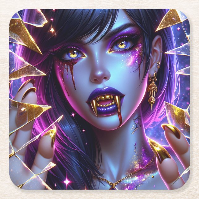 Vampire with Gold Eyes and Teeth Halloween Square Paper Coaster (Front)