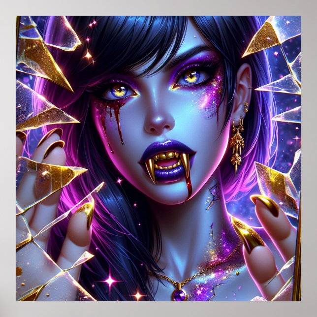 Vampire with Gold Fangs Ai Art Poster (Front)