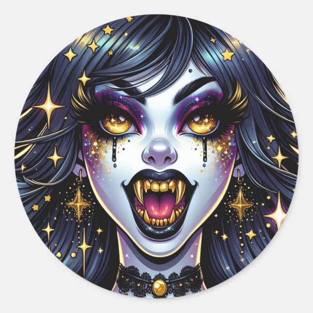 Vampire with Gold Fangs Full Moon Halloween Party Classic Round Sticker (Front)