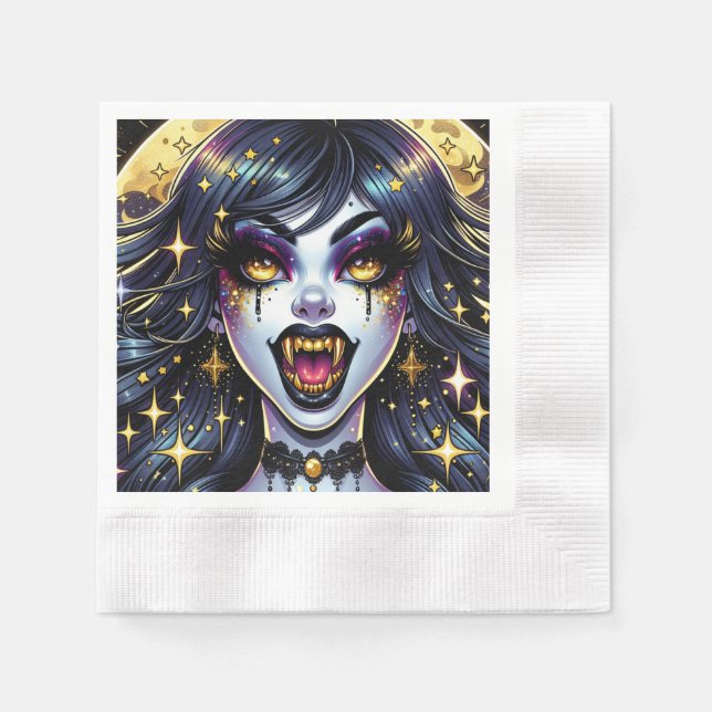 Vampire with Gold Fangs Full Moon Halloween Party Napkin (Front)